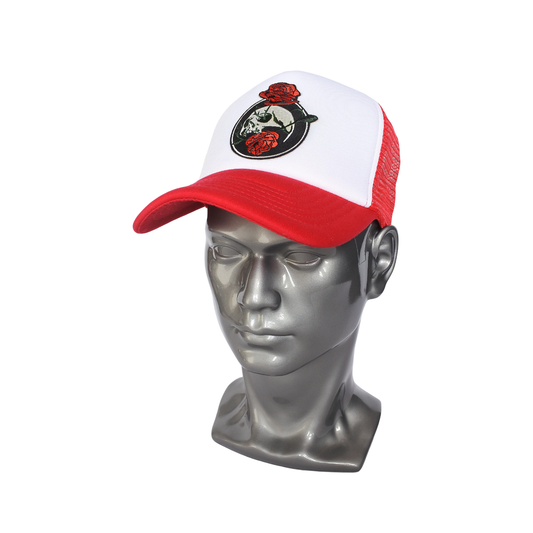 Casquette Trucker "Crâne et Roses" (Rouge & Blanc)