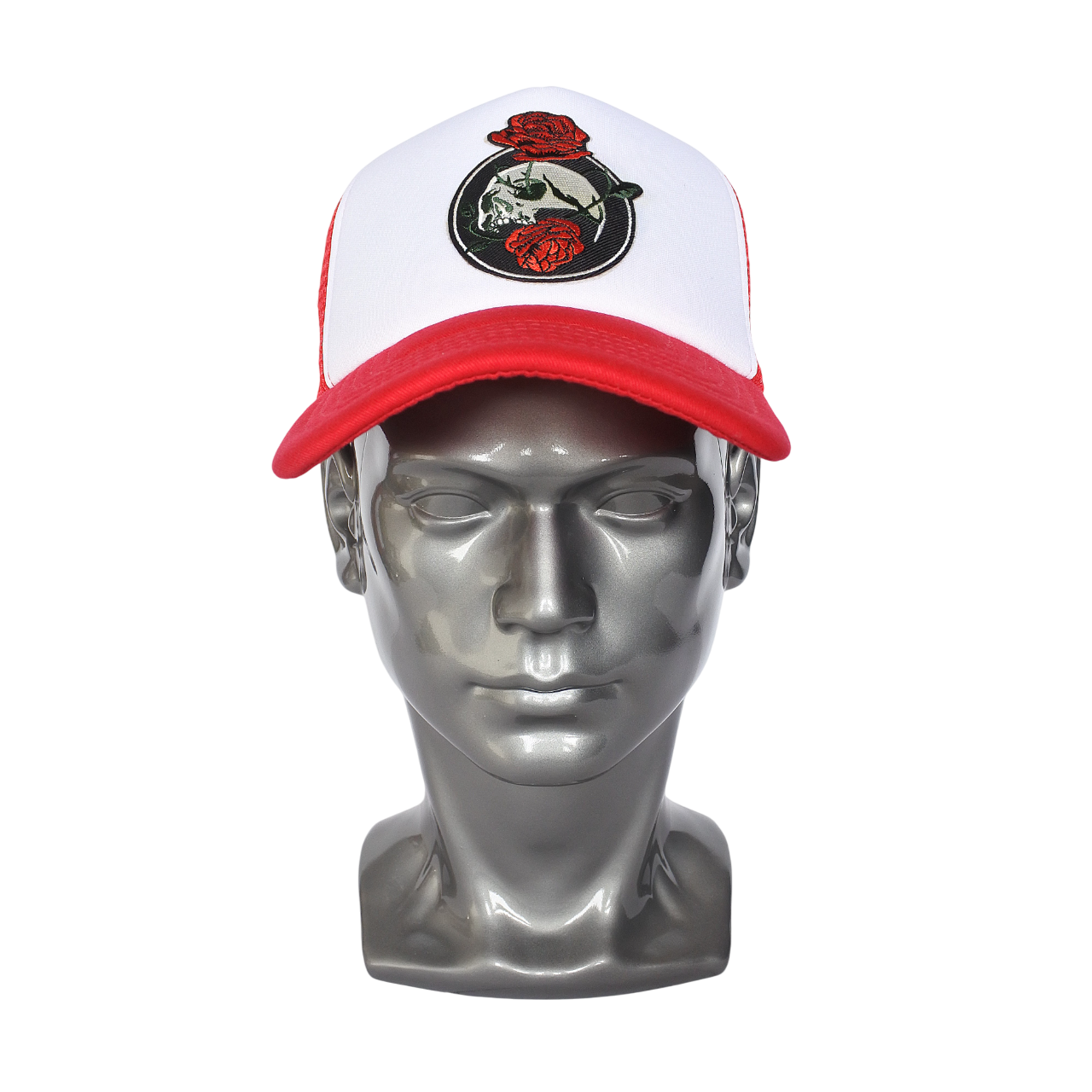 Casquette Trucker "Crâne et Roses" (Rouge & Blanc)