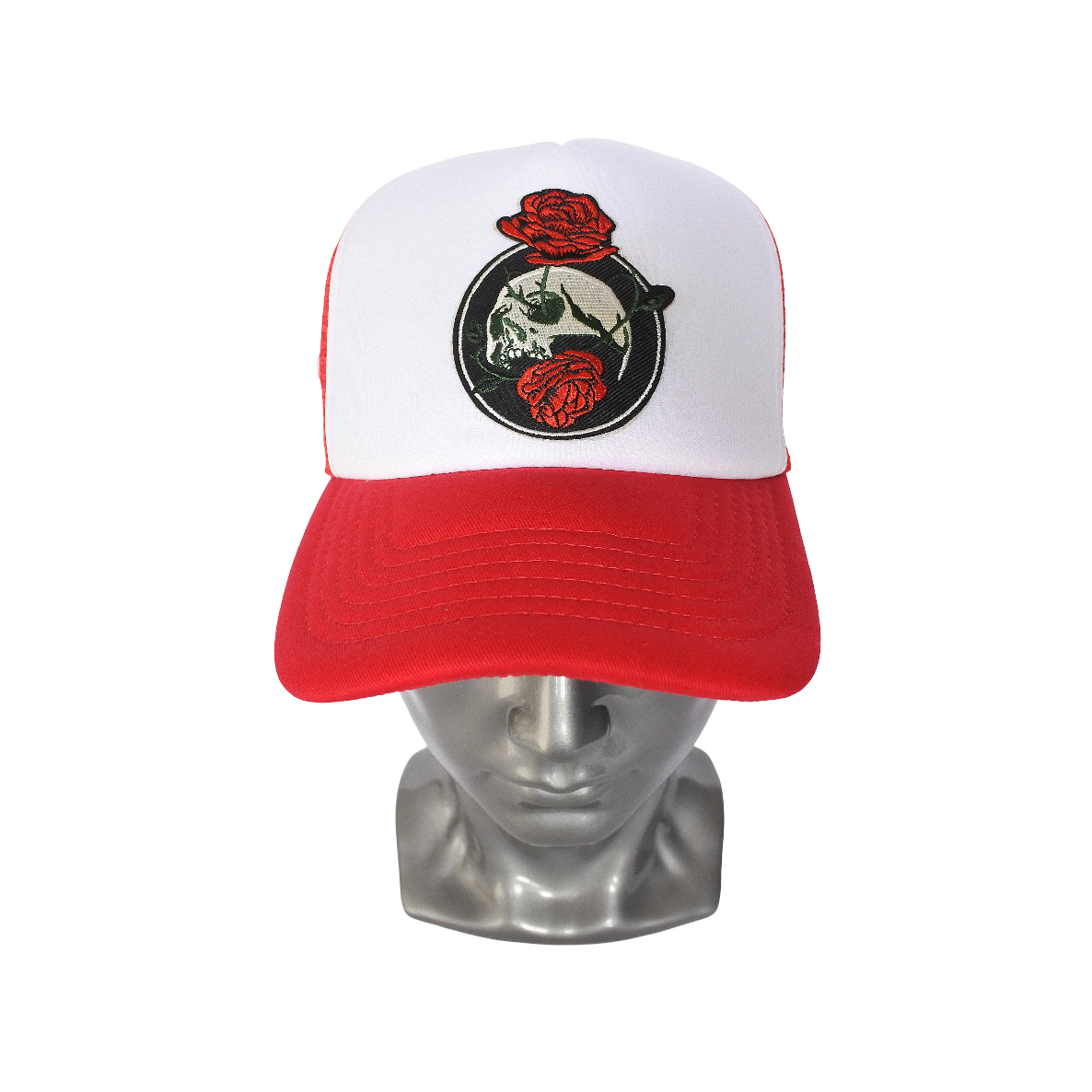 Casquette Trucker "Crâne et Roses" (Rouge & Blanc)